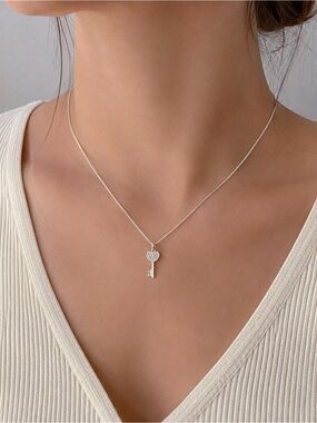 Italian Heart Key Pendant Necklace Silver Tone Crystal Accent 17 Inch Chain